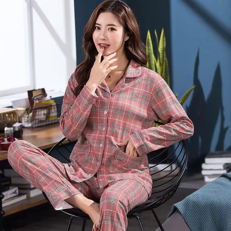 Женский комплект пижамы большого размера из хлопка - Кардиган с длинным рукавом, Двухпредметный, Идеально подходит для осени/весны