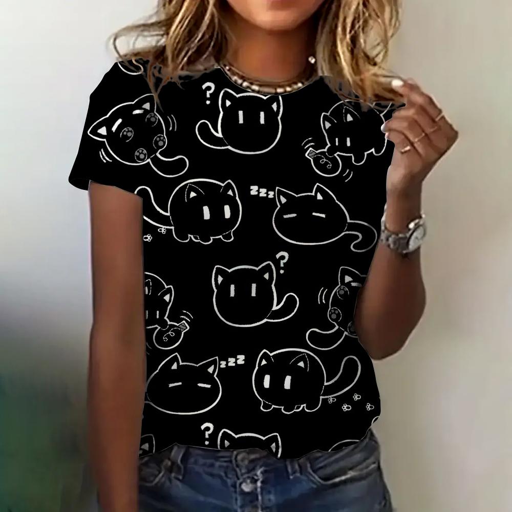 Футболка с 3D-принтом, женская одежда, летняя, с круглым вырезом, дышащая, с коротким рукавом, с милым рисунком кота, свободная, повседневная одежда, женская футболка