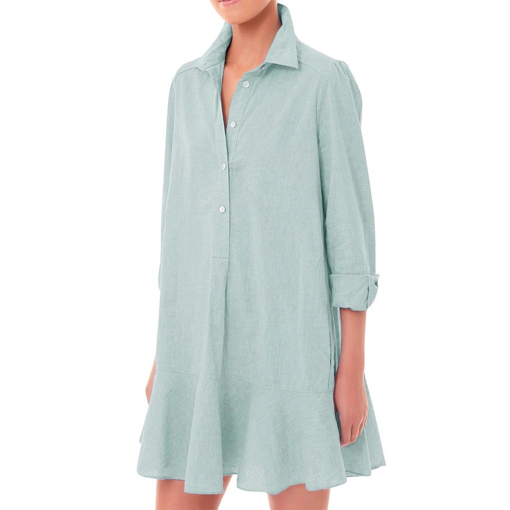 Женская мода, повседневная полуоткрытая рубашка, классические однотонные платья на пуговицах с подолом и рюшами