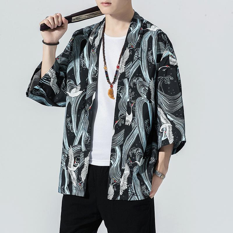 Мужской принт кимоно в стиле три четверти, костюм самурая, юката, азиатская одежда, кардиган, верхняя одежда, большие размеры
