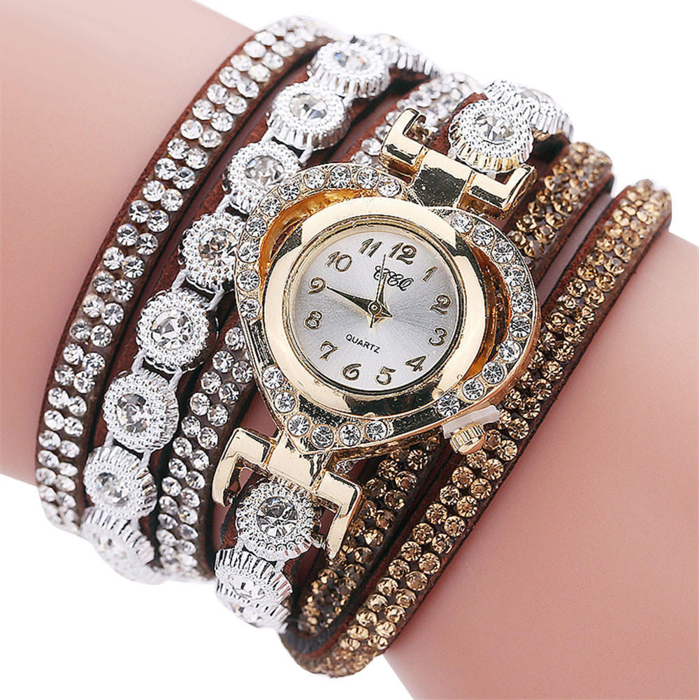 Leather Women Fashion Casual Decor Round Rhinestone Bracelet Watch
