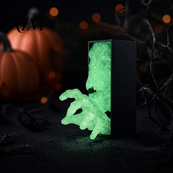 Halloween Skeleton Decor 3D Printed Skull Hand Figurine, Glow-in-the-Dark Ghost Statue, Horror Fluorescent Ornament for Home Office Desk Bookshelf