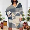Women Plus Size Blue Pink Geometric Printed V Neck Long Sleeve Fitted Dress