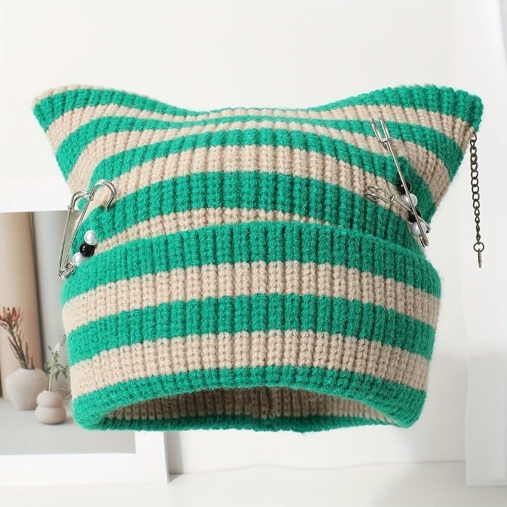 Thickened Knitted Striped Hat Polyester Warm Hat Cute Cat Ear Beanie Daily Wear