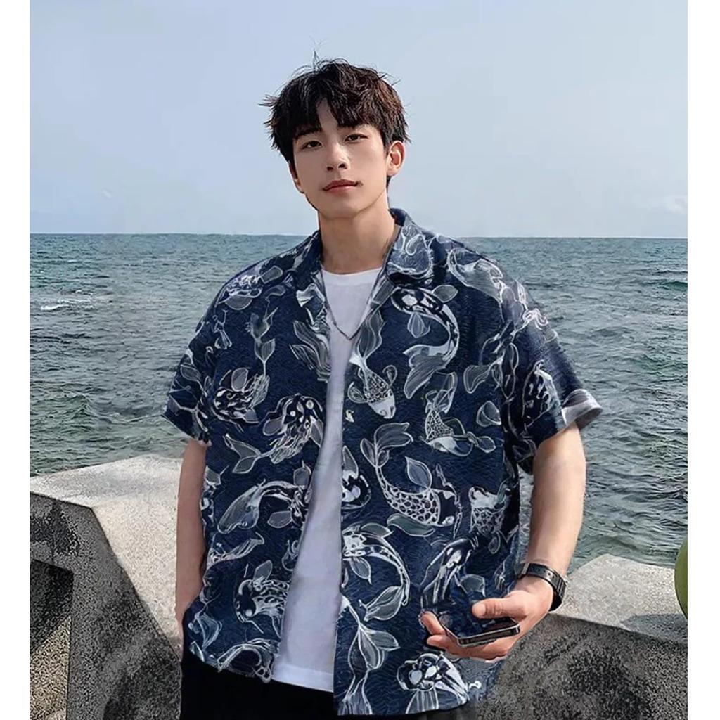 Stabbon Long Sleeve Floral Aloha Summer Plus Goldfish Stylish Japanese Hawaiian Open Ultra Breathable Men's Shirt, Size, Print, Beachwear, Pattern,