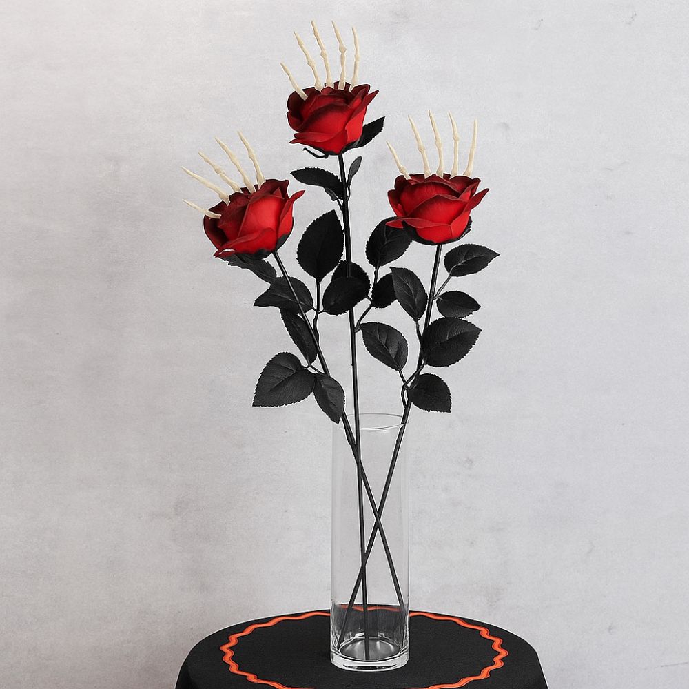49cm Halloween Artificial Rose Gothic Realistic Skeleton Hand Rose Bouquet Handmade Simulation Fake Flower Halloween Party Props