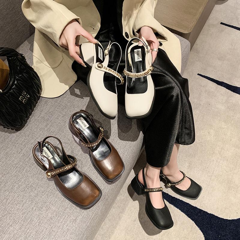 Французские черные босоножки-мешки на высоком каблуке, женская обувь 2025 года, новые весенне-летние туфли Мэри Джейн на толстом каблуке, вечерние туфли