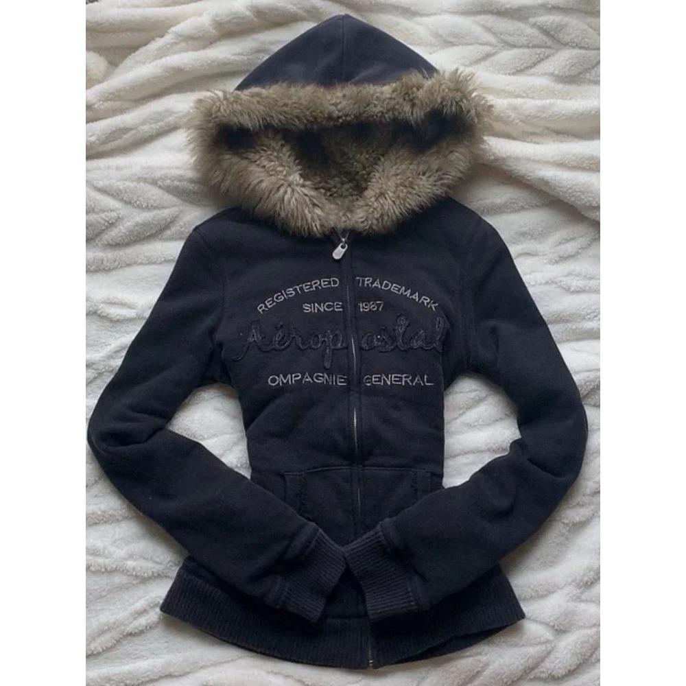 Винтажная толстовка с капюшоном и меховым воротником с надписью «Письмо» на молнии «Осень-зима» Y2K, флисовая куртка в стиле ретро «Харадзюку», вышивка, плюш, темная мода