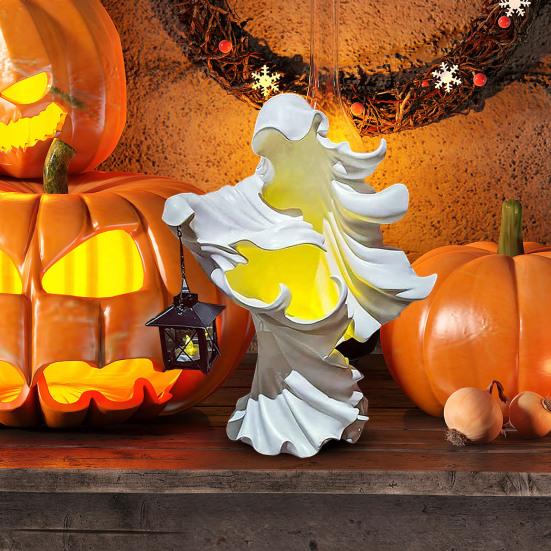 Светодиодный фонарь ведьмы, украшение на Хэллоуин, скульптура безликого призрака с фонарем, винтажная смоляная статуя ведьмы для декора двора, патио, газона