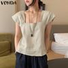 Women Square Collar Casual Pleated Short Sleeve Blouse Tops