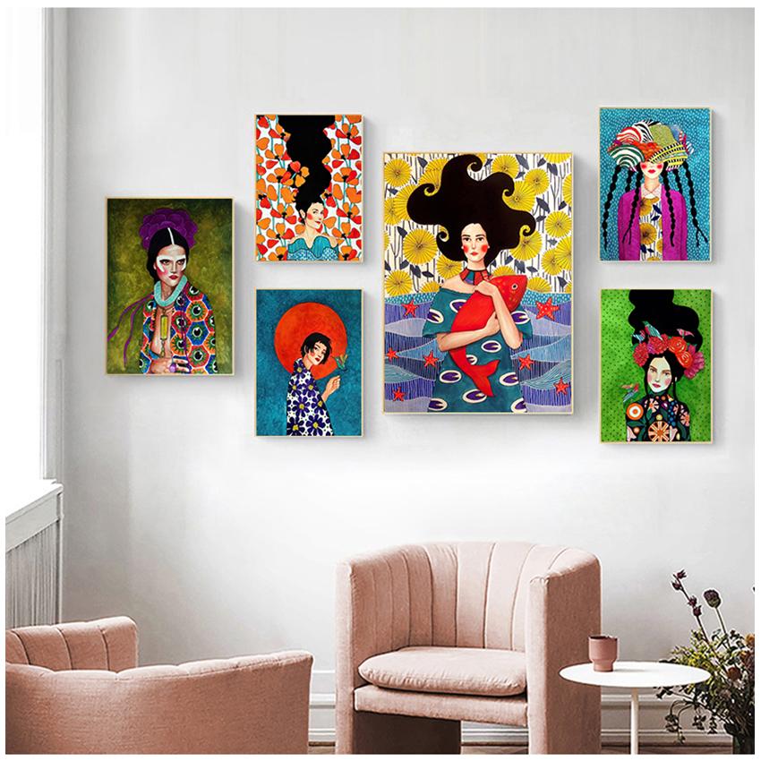 Настенные панно Cuadros для гостиной, винтажные без рамы, абстрактные красочные девушки, настенная живопись на холсте, плакат на скандинавскую тему, цветочные волосы