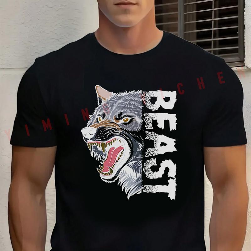 Men‘s’ T-shirt High Quality Funny Cotton Wild Angry Wolf Design Motorcycle Tee Casual O-neck Ma