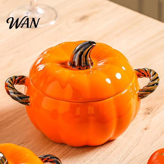 Handled Soup Bowl with Lid Pumpkin And Double Handle, Microwave Safe Decorative Practical Kitchen Gift for Home Ceramic Bowl, Heat Resistant Pot Stews