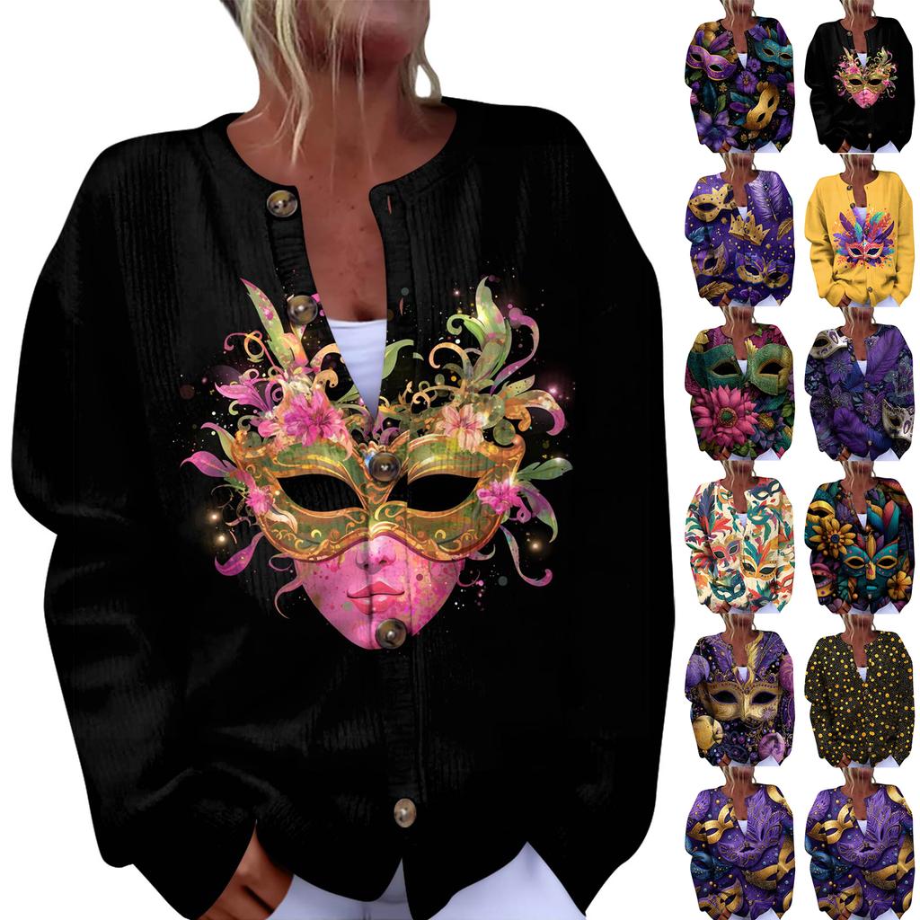 Women's Fashion Festival Printed Long-Sleeved Knitted Cardigan With Button-Front