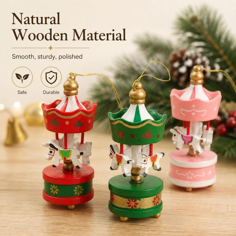Xmas Carousel Hanging Pendant Wooden Carousel with Hanging Cord Christmas Tree Decorations Holiday Gifts Wooden Horse Ornament 7