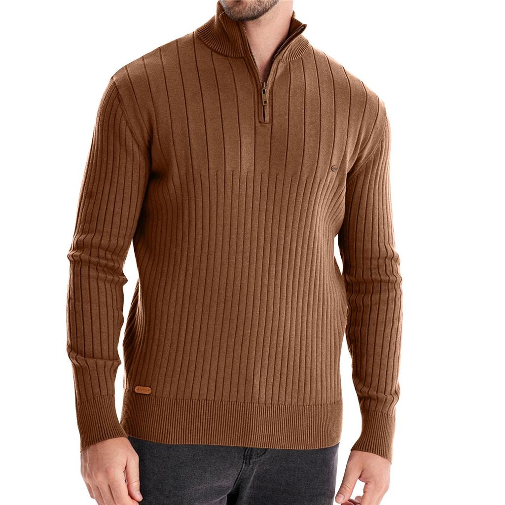 Men's Winter Solid Color Stand Collar Half Zipper Slim Fit Knit Long Sleeve Top