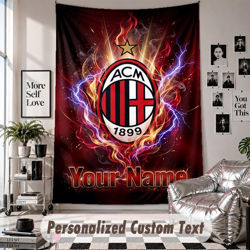 Wall Hanging Tapestry With Custom Name & Text, AC Milan Decorative Tapestry For Bedroom