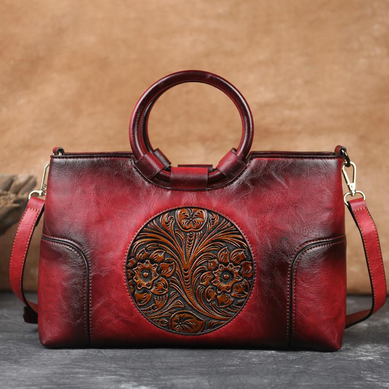 High Quality Leather Women Bag Retro Handmade Embossed Shoulder Bags Large Capacity Female Messenger Bag