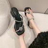 French Thick-heeled Slippers Women's Summer Wear 2025 New Pigeon Egg Rhinestone Cool Slippers Versatile Toe Roman Sandals