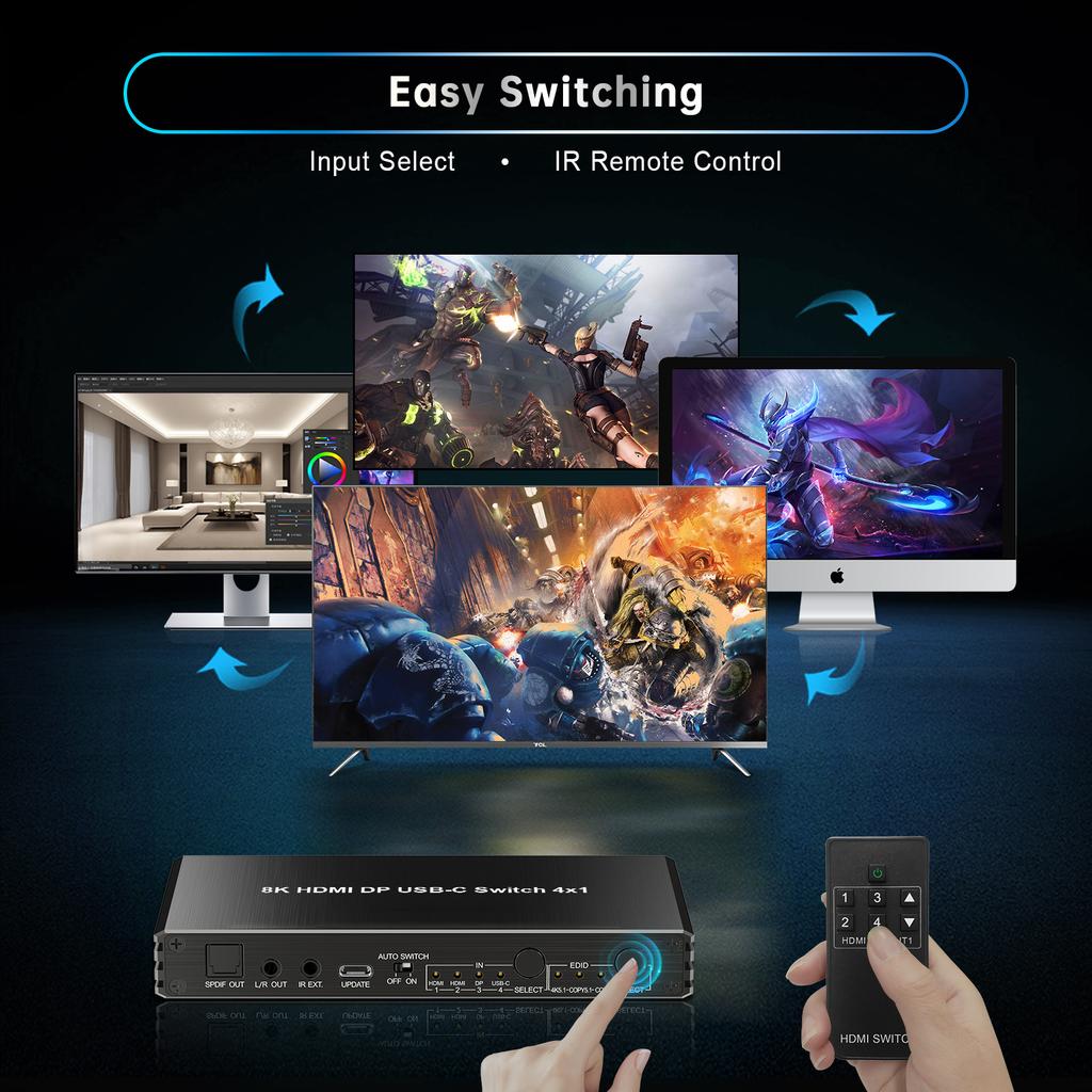 4k120Hz Hdmi2.1 Switch USB-C DP 4 in 1 OUT HDCP 2.3 4-Port HDMI Switcher with Audio Extractor Vision Remote Control