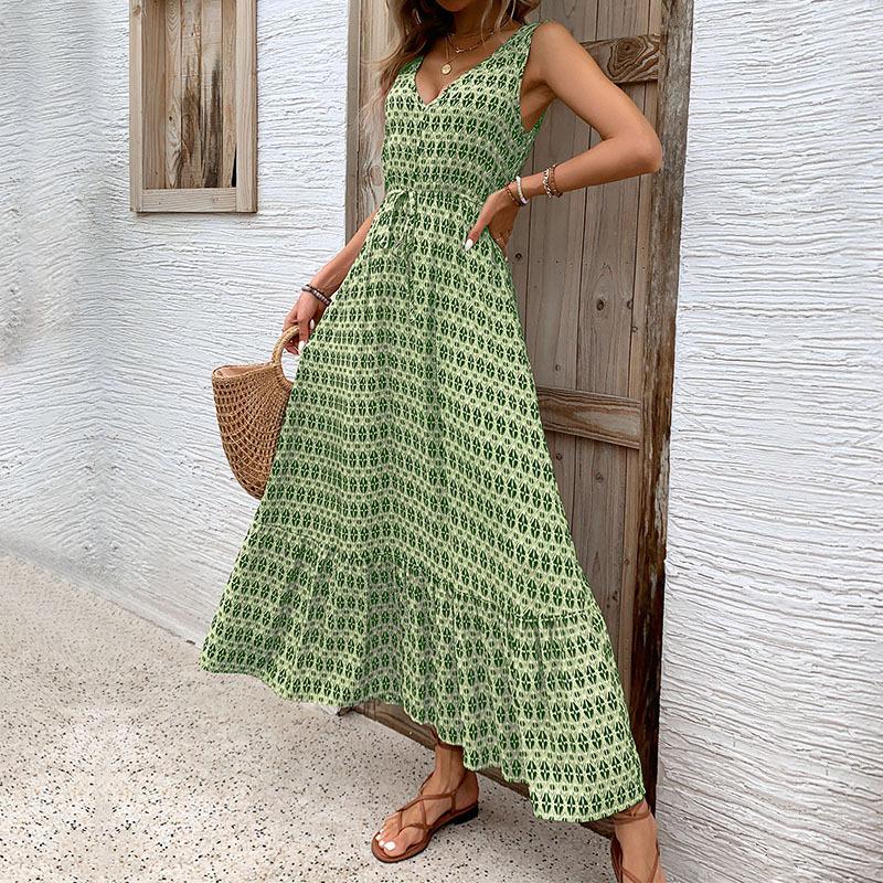 New Fashion Printed Daily Versatile Women'S Summer Loose And Casual Solid Color Cotton And Hemp Long Dress