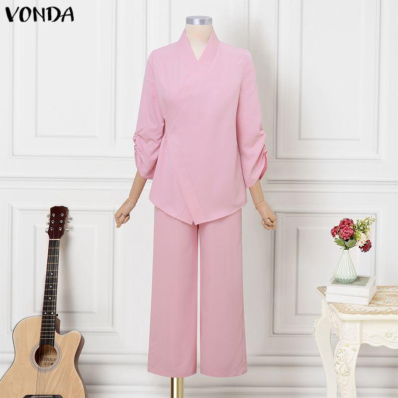 VONDA 2 шт. Женские костюмы Повседневный костюм из двух предметов: блузка с длинным рукавом и брюки, застежка сбоку