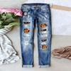Halloween Pumpkin Quirky Hole Printed Jeans Women Mid Waist Straight Pants