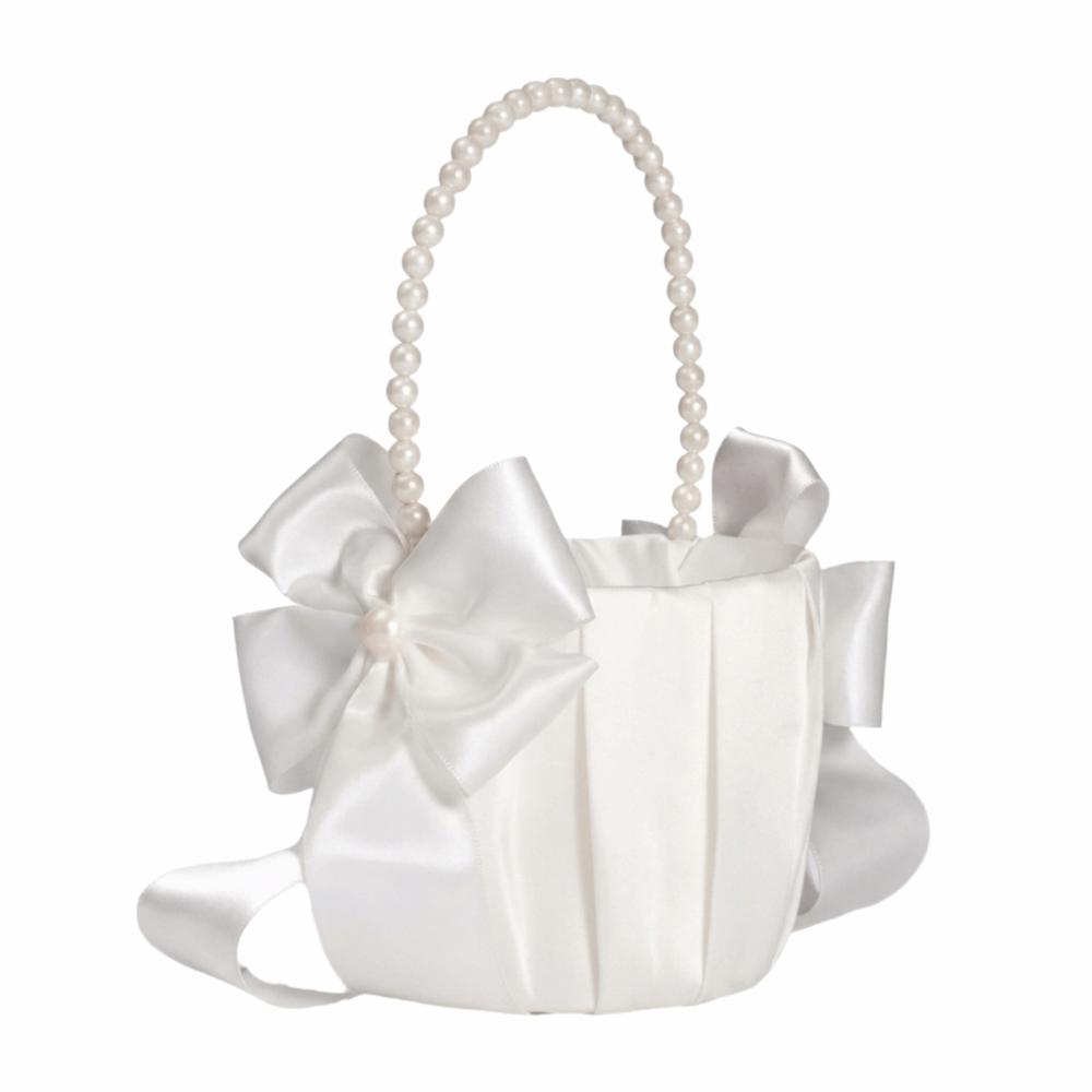Satin White Wedding Flower Basket Rustic Bowknot Flower Girl Basket Floral Petals