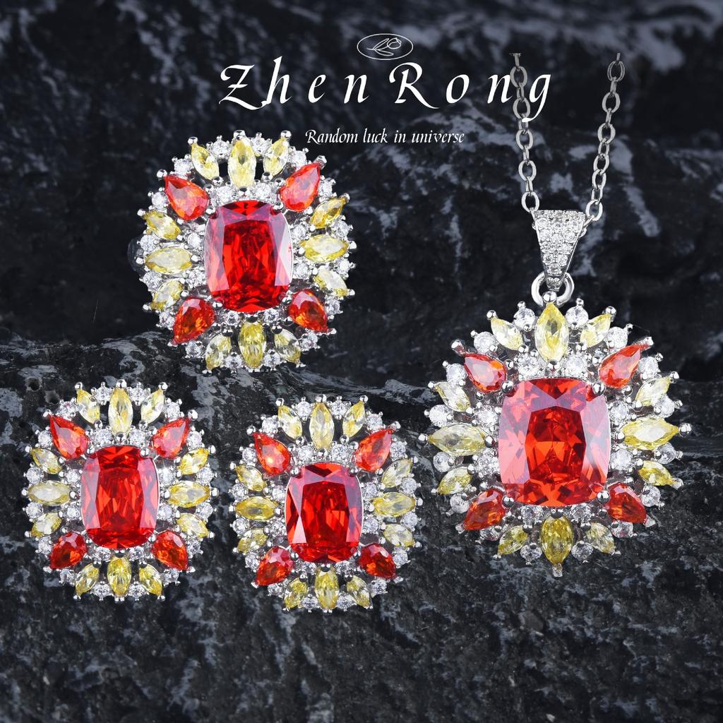 Stylish Vintage Monet Garden Fanta Set Royal Sapphire Ring Emerald Stud Earrings Pendant Necklace