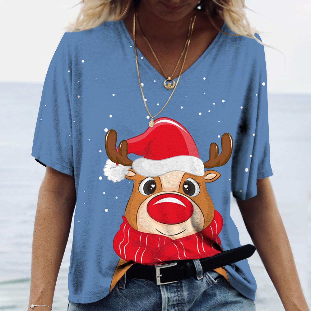 Футболка с короткими рукавами и V-образным вырезом большого размера 6XL Merry Christmas, женская, с принтом рождественской елки и Санта-Клауса, простая, модная, трендовая женская одежда