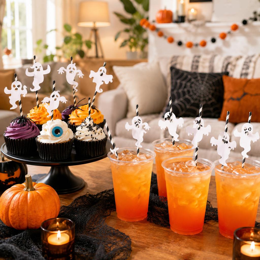 Набор декоративных трубочек в форме призраков с разными дизайнами для аксессуаров к напиткам на вечеринку, тематические Хэллоуинские топперы для трубочек
