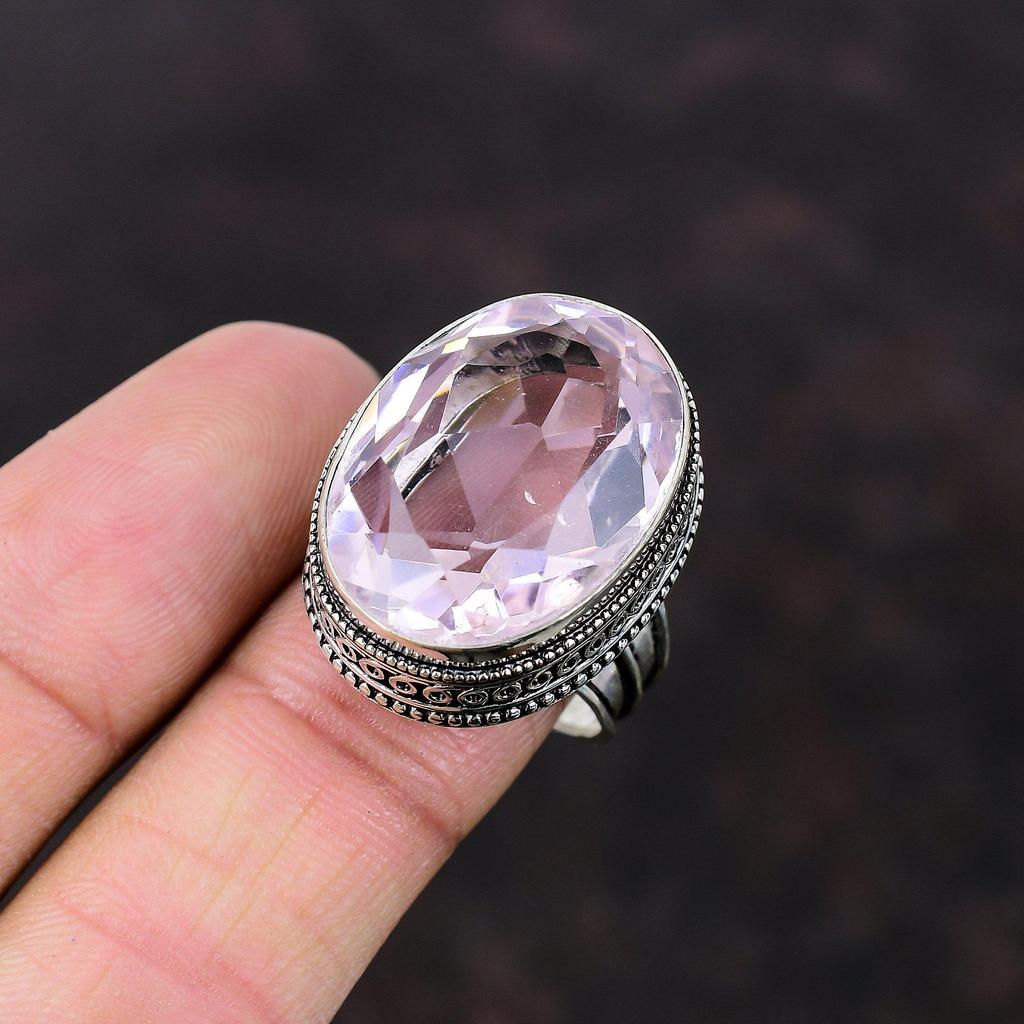 Граненое розовое кольцо с кунцитом, винтажное кольцо с драгоценными камнями, серебряное кольцо 925 пробы, изящное кольцо, серебряные украшения для подарка