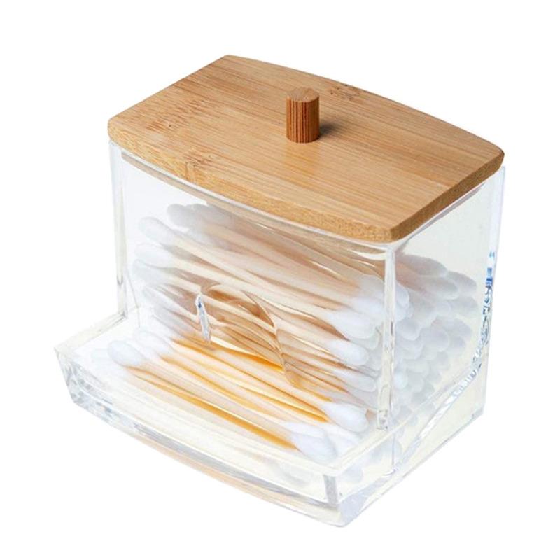 Cotton Swab Storage Box Makeup Organizers Qtip Container Cosmetic Small Change Jewelry Storage Box Bamboo Lid Jar Home Storage