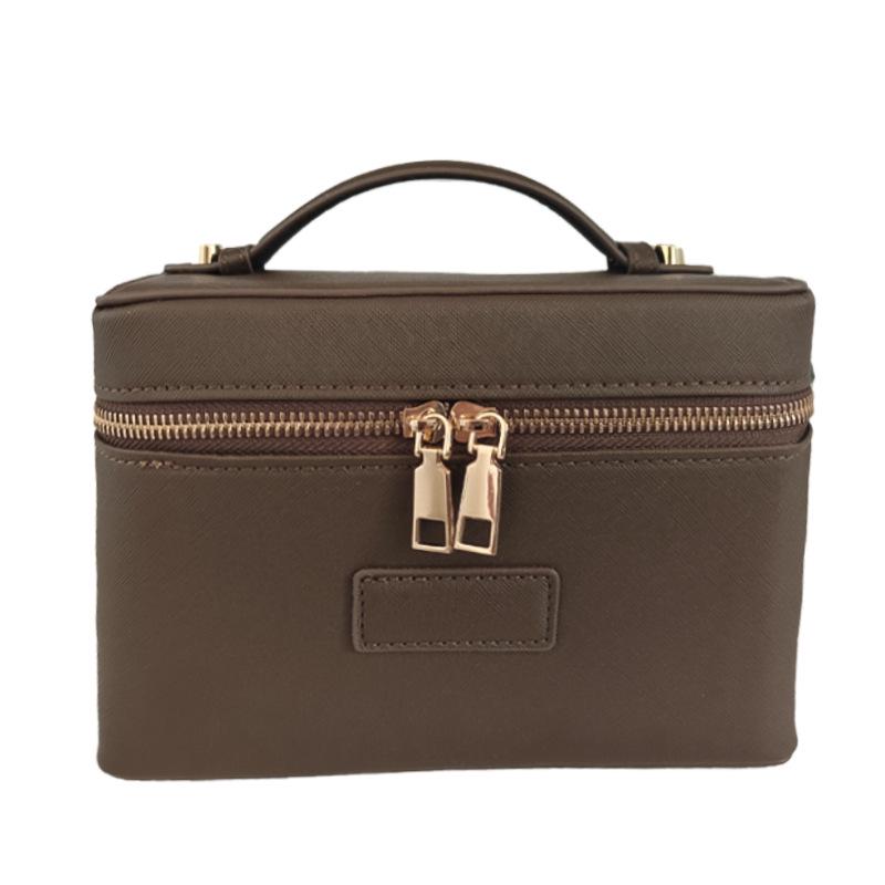 Portable Cross-Grain Leather Cosmetic Bag with Gold Hardware - Makeup and Skincare Travel Organizer