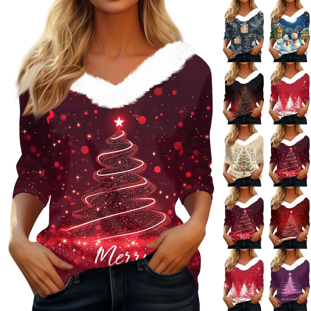 3/4 Sleeve Shirts For Women Christmas Printed Graphic Tees Blouses Casual Plus Size Basic Button Tops Pullover