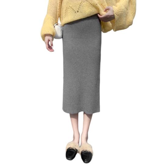 Women Knitting Skirt High Waist Back Slit Design Solid Color Midi Skirt Soft Breathable Thickened Warm Hip Wrapped Skirt