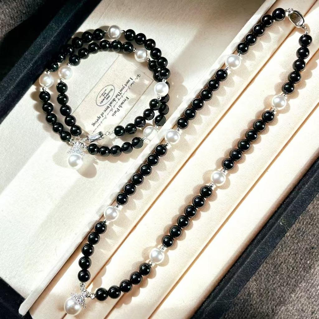 High Matching Retro Design Sense High Quality Natural Black Agate Ice Snowflake Queen Sweater Chain Necklace