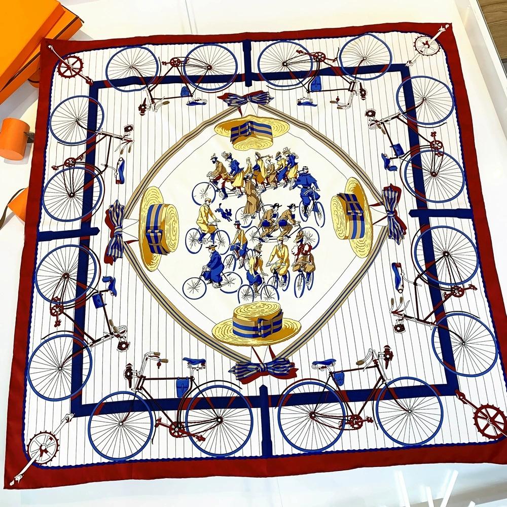 990CM Hand-Rolled Edge Bike And Hat Printed Square Scarf Sun Protection Twill Silk Shawl Women Luxury Handmade Curled Headscarf