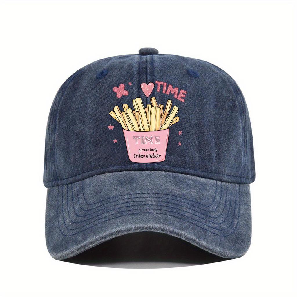 French Fries Time Graphic Print Washed Baseball Cap Unisex Polyester Outdoor Adjustable Sports Hat