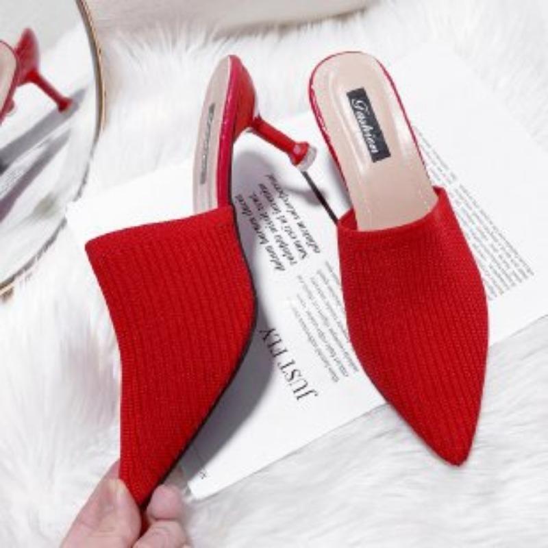 20 New Slippers Women's Fashion Woven Retro Half Slippers Pointed Head Bag Head High Heel Stiletto