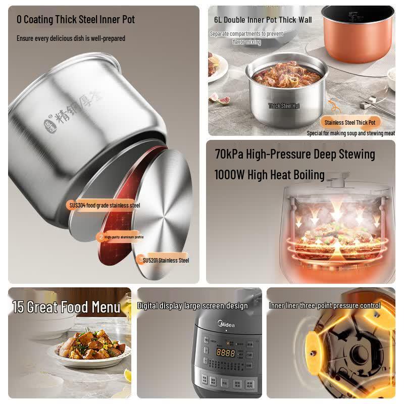 Midea Smart Electric Pressure Cooker with 0-Coating Stainless Steel Pots CN plug (adapter included)
