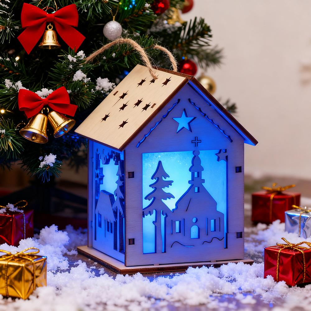 Christmas Tree Ornament, 2pcs Wooden Luminous Pendant Christmas Creative Small House Pendant for Xmas New Year Home Party Decor