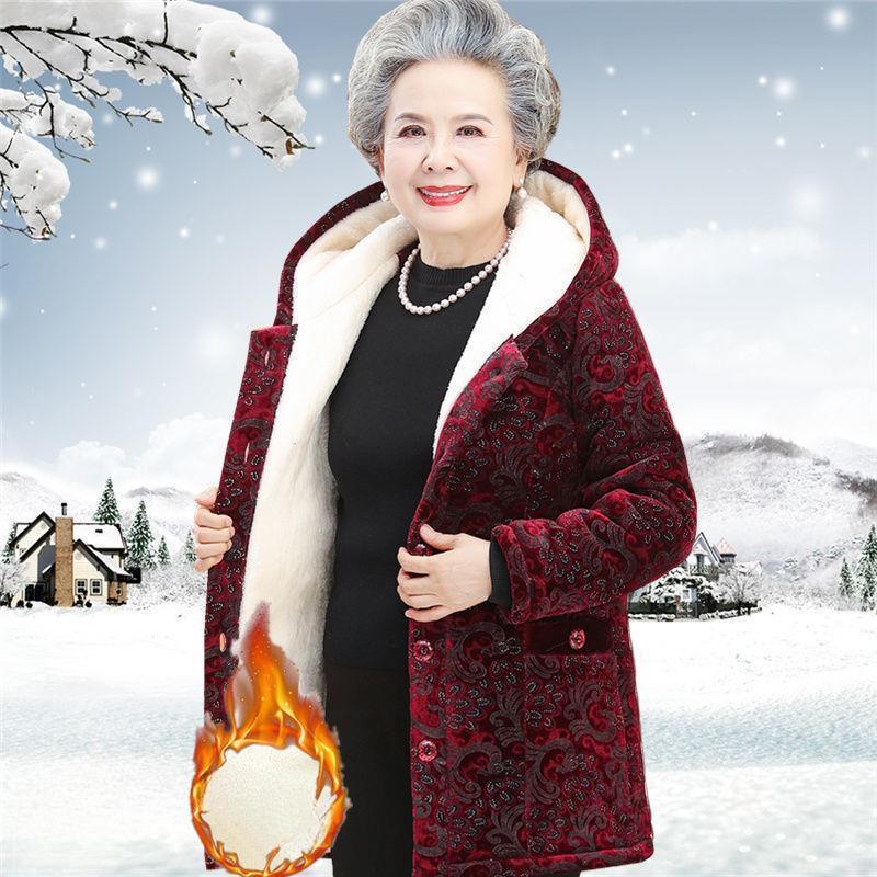 Women Winter Jackets  Middle-Aged Elderly Grandma Cotton Padded Parkas Thicken Warm Hooded Gold Velvet Outewear Female 5XL