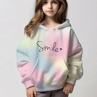 2024 Толстовка с принтом омбре для девочек, толстовка с длинными рукавами и заниженными плечами, с карманом, подходит для занятий спортом, повседневной повседневной одежды