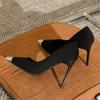 New High Quality Suede Women Pumps Sexy Metal Decoration Pointed Toe Thin High Heels for Women Black Elegant Banquet Dress Shoes