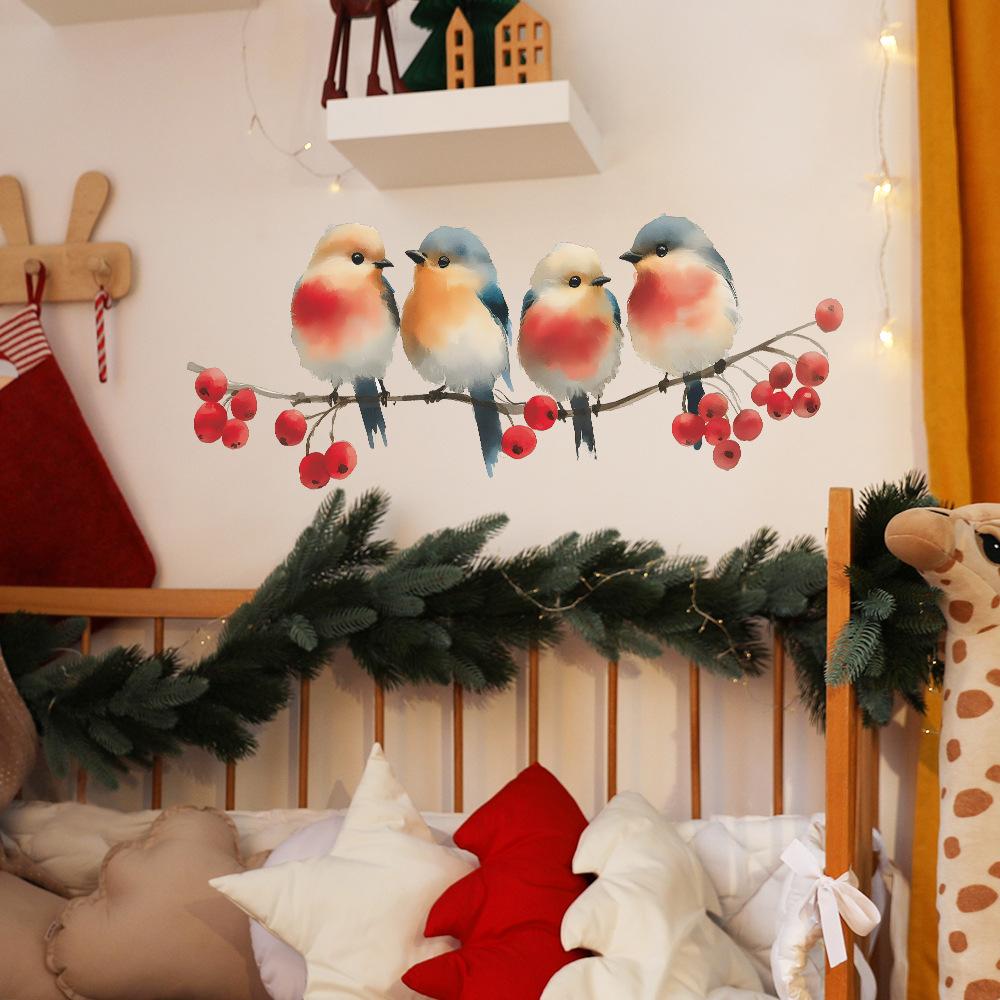 Ручная роспись акварелью птицы и красные ягоды на ветке Настенная наклейка Буколический Самоклеящийся Съемный Декор для Дома Гостиной