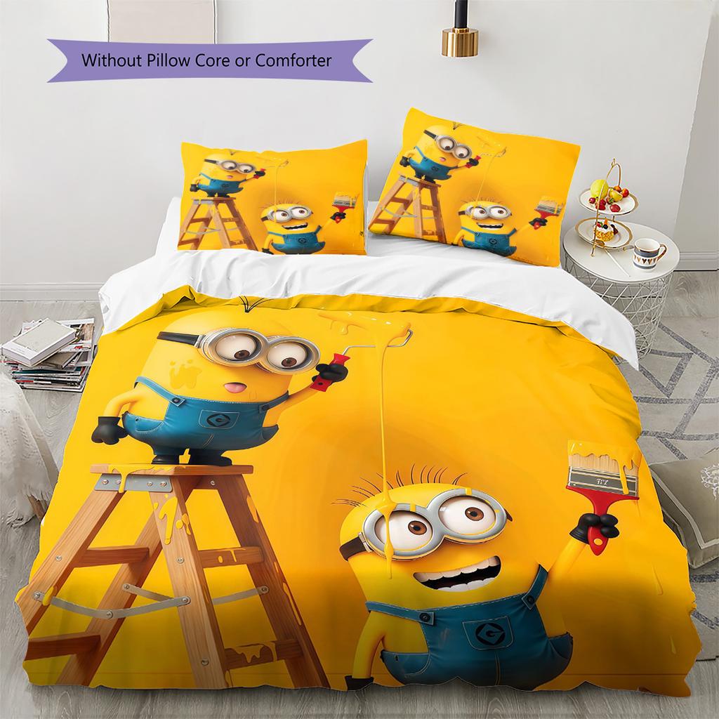 Minions Pattern Bedding Quilt Set Home Decoration Gift (1 * duvet cover + 2 * pillowcase without core)