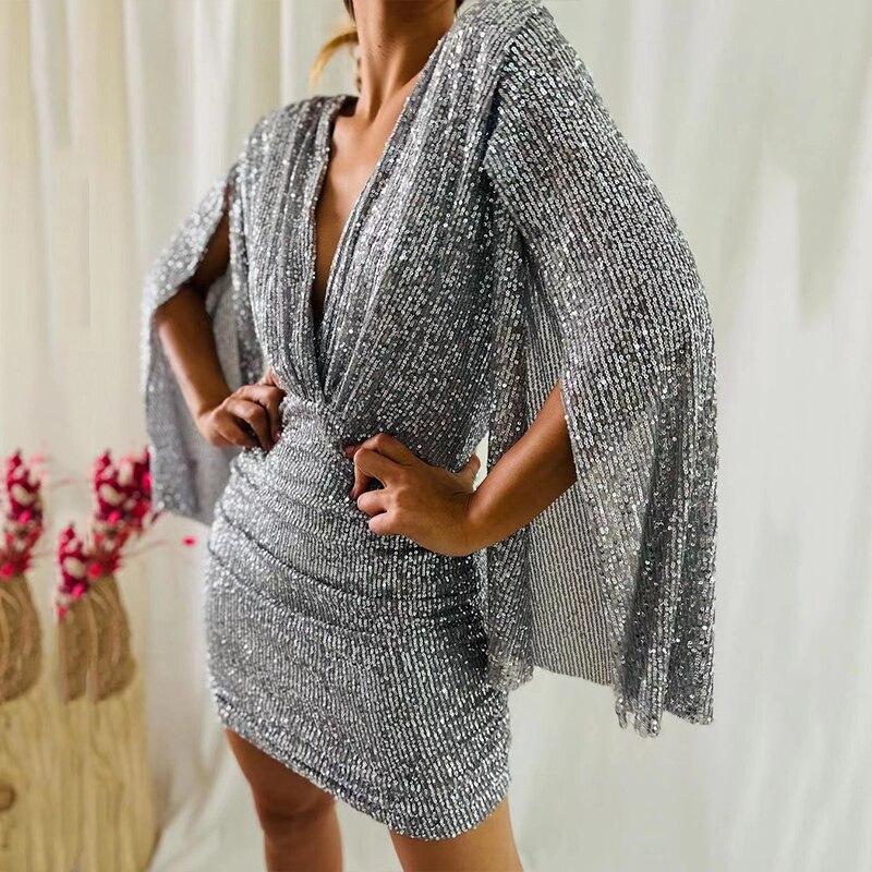 2025 New European and American Autumn Clothing Sexy V-Neck Hip Wrap Irregular Short Skirt Sequin Dress Dress