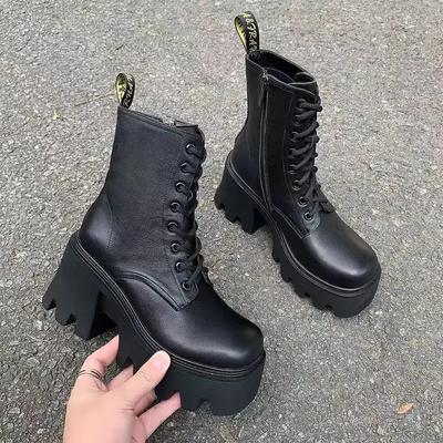 Увеличенные женские сапоги 2024 года, короткие сапоги в британском стиле на толстом каблуке, толстая подошва, женская обувь на высоком каблуке (5-8 см)