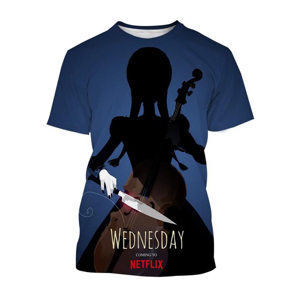 Женские футболки с коротким рукавом и повседневным кроем с 3D-принтом персонажа Уэнсдей Мерлины - Мягкая полиэстеровая ткань средней эластичности, летняя одежда свободного кроя